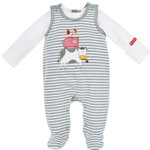 BONDI Baby Strampelanzug "Bauernhof" 2-tlg. 93775 | Stripe Salbei/Offwhite
