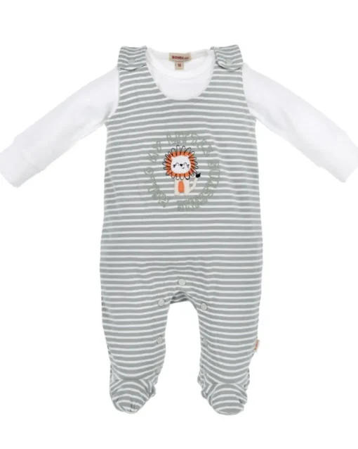 BONDI Baby Strampler "Löwe" 93971 | stripe khaki white - Babystrampelanzug