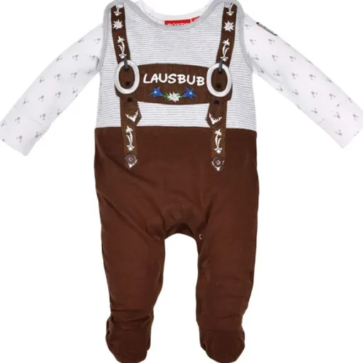 BONDI Baby Strampler "Lausbub" im Lederhosenstyle 91526 - Braun / Grau | Babyset