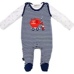 BONDI Baby Strampler "Feuerwehr" 93684 - Navy / Weiß geringelt | Jungen Babystrampelanzug