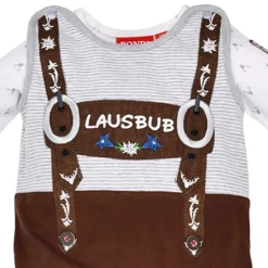BONDI Baby Strampler "Lausbub" im Lederhosenstyle 91526 - Braun / Grau | Babyset
