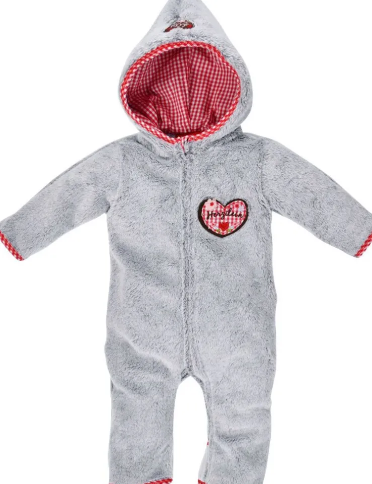 BONDI Kuscheliger Baby Fleece-Overall "Herzilein" 86566 - Grau Rot | Strampler Wintermode Mädchen