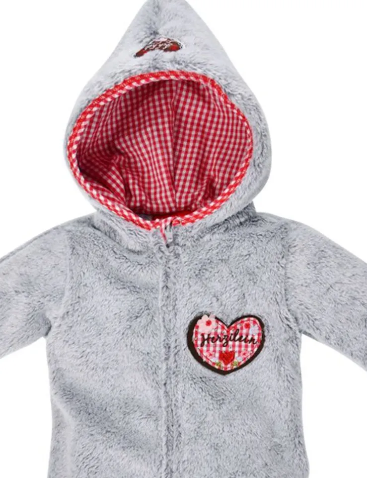 BONDI Kuscheliger Baby Fleece-Overall "Herzilein" 86566 - Grau Rot | Strampler Wintermode Mädchen