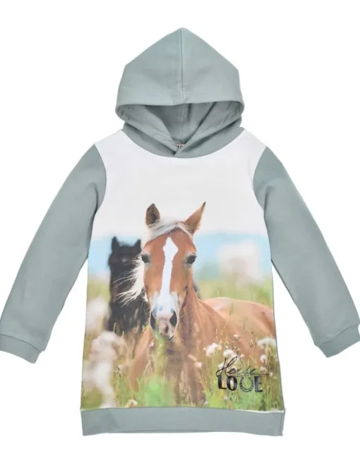 BONDI Mädchen Kapuzenkleid Hoodiekleid "Horse Love" 36215 | Oliv Grün