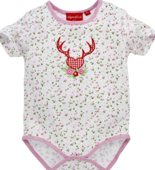 BONDI Trachten Baby Body "Hirsch" mit Blümchendruck 86273 - Rosa Weiß