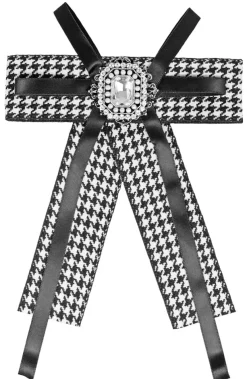 Brosche Barock Schleife mit eckigem Schmuckstein - Kariert - Schwarz