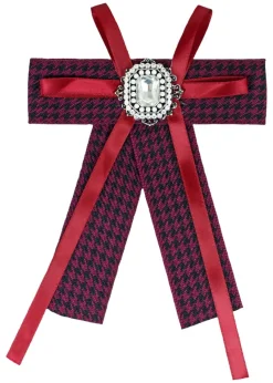 Brosche Barock Schleife mit eckigem Schmuckstein - Kariert - Rot