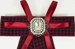 Brosche Barock Schleife mit eckigem Schmuckstein - Kariert - Rot