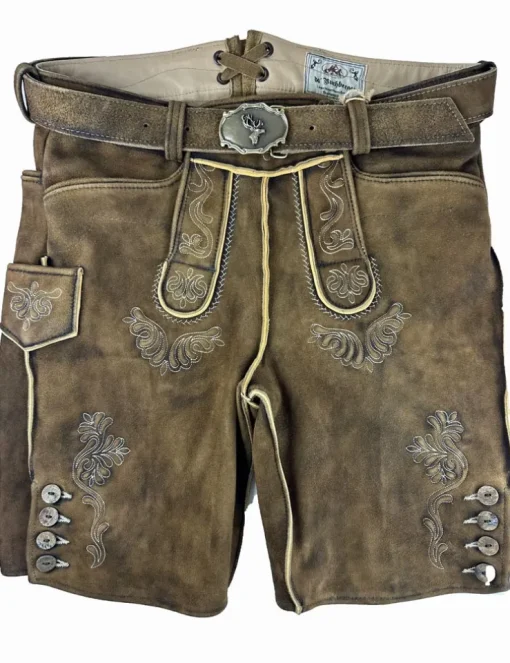 Buchberger Kurze Lederhose "Hubert 3" mit Gürtel | Ziegenvelours Braun Used