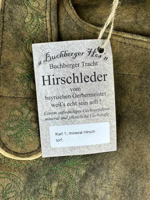 Buchberger Kurze Lederhose "Karl 1" mit Gürtel | Hirschleder Torf Grüner Stick