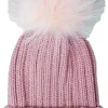 Damen Beanie Strickmütze mit Fellbommel - Rosa