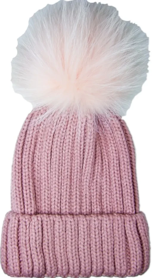 Damen Beanie Strickmütze mit Fellbommel - Rosa