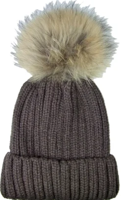 Damen Beanie Strickmütze mit Fellbommel - Dunkelbraun