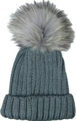 Damen Beanie Strickmütze mit Fellbommel - Dunkelgrau