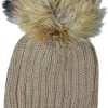 Damen Beanie Strickmütze mit Fellbommel - Hellbraun