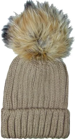 Damen Beanie Strickmütze mit Fellbommel - Hellbraun