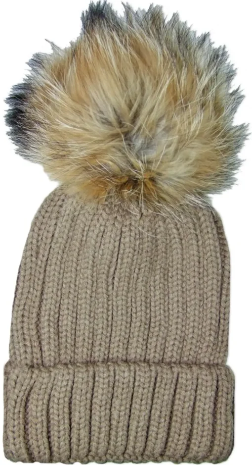 Damen Beanie Strickmütze mit Fellbommel - Hellbraun