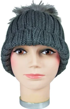 Damen Beanie Strickmütze mit Fellbommel - Dunkelgrau