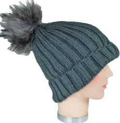 Damen Beanie Strickmütze mit Fellbommel - Dunkelgrau