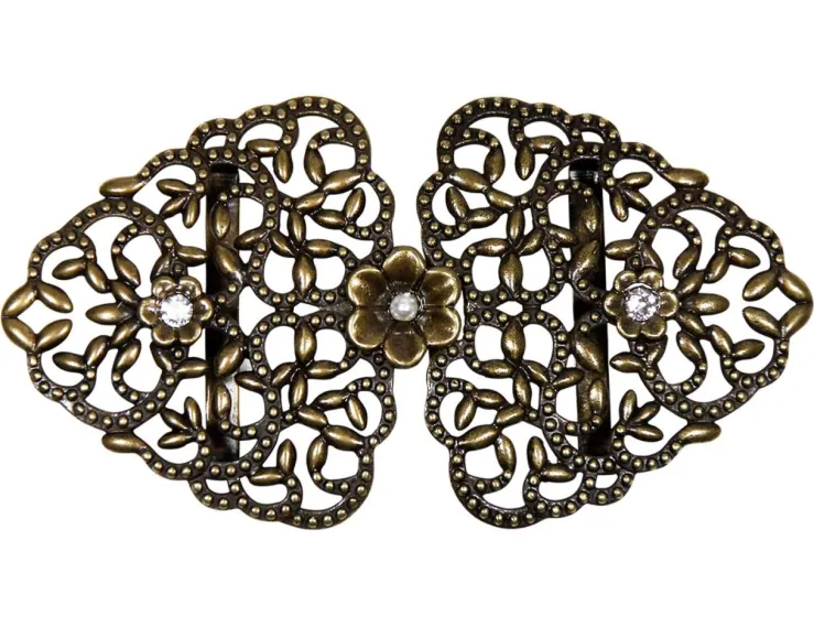 Dirndlschürzenschließe "Tamina" mit Perle und Blüten mit Kristallen von Swarovski® Halbrund 51458-3 Ame - Steg 3 cm - Altgold