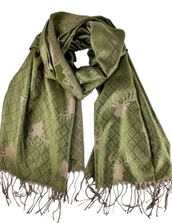 Halstuch Schal mit Hirschkopf Motiv 185 x 70 cm | Olivgrün / Braun