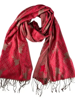 Halstuch Schal mit Hirschkopf Motiv 185 x 70 cm | Rot / Gold
