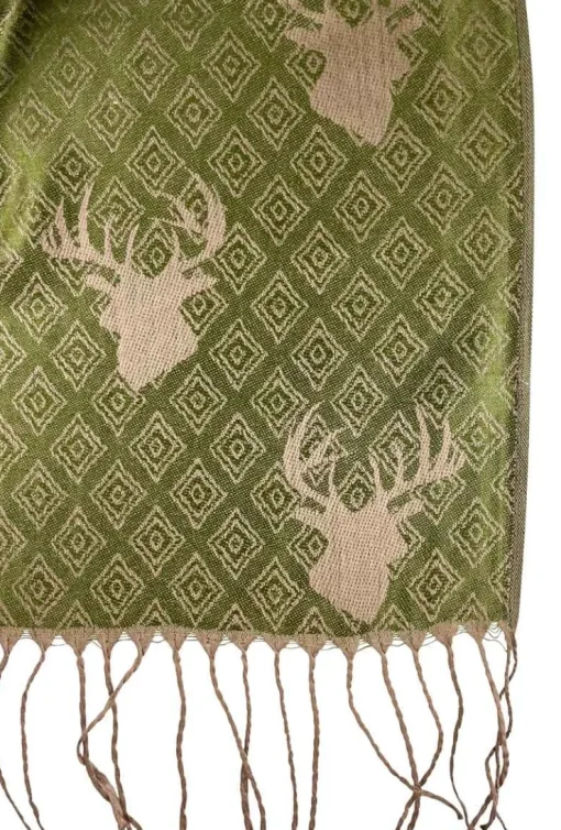 Halstuch Schal mit Hirschkopf Motiv 185 x 70 cm | Olivgrün / Braun