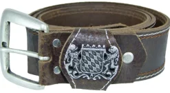 Herren Trachten Ledergürtel - Dunkelbraun mit Bayern Wappen und Ziernaht