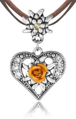 Herz Trachten Halskette mit Rose und Edelweiß | Braun