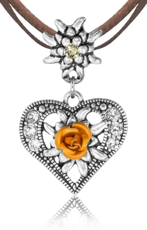 Herz Trachten Halskette mit Rose und Edelweiß | Braun