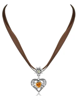 Herz Trachten Halskette mit Rose und Edelweiß | Braun