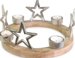 Holz Adventskranz mit Sternen für Teelichter Ø 25 cm | 75219 - Silber Kerzenhalter
