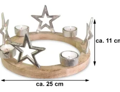 Holz Adventskranz mit Sternen für Teelichter Ø 25 cm | 75219 - Silber Kerzenhalter