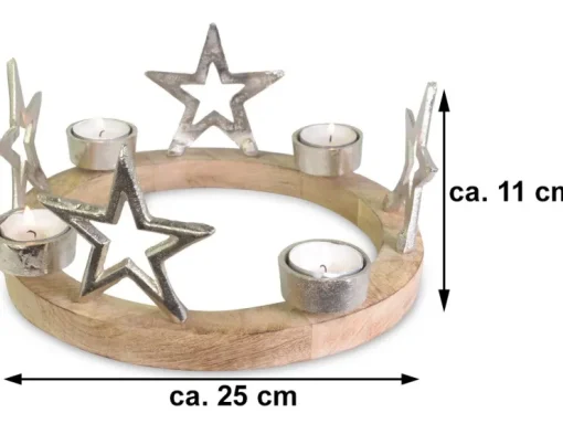 Holz Adventskranz mit Sternen für Teelichter Ø 25 cm | 75219 - Silber Kerzenhalter