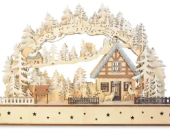 LED Schwibbogen "Winterkinder mit Landhaus" 40 x 29 cm | 76118 Natur - Holz Lichterbogen