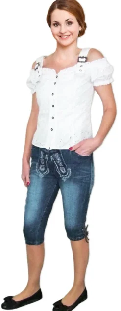 Lekra Damen Jeans Bea Kniebundhose in Lederhosen Optik - Blau