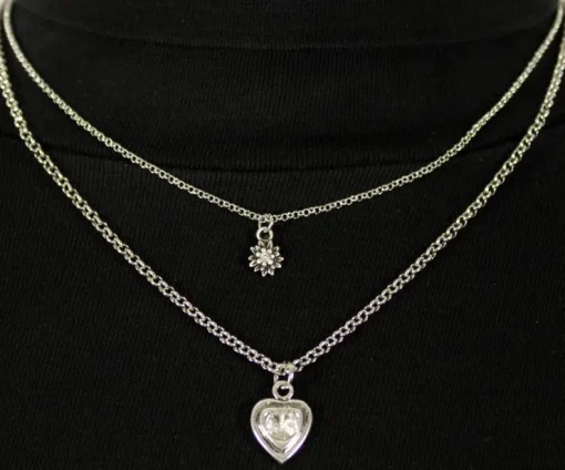 LUISIA® Doppelhalskette mit Edelweiß, Herz und Kristallen von Swarovski® - Silber