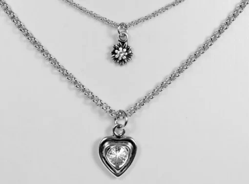 LUISIA® Doppelhalskette mit Edelweiß, Herz und Kristallen von Swarovski® - Silber