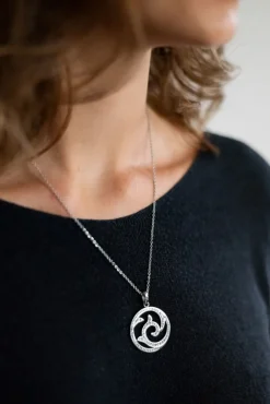 LUISIA® Edelstahl Halskette 50+5 cm Silber mit Anhänger | Welle mit Zirkonia