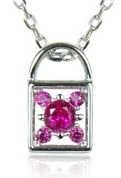 LUISIA® Filigrane Damen Halskette mit Strass Vorhängeschloss Pink - 925 Silber Schmuck mit Zirkonia