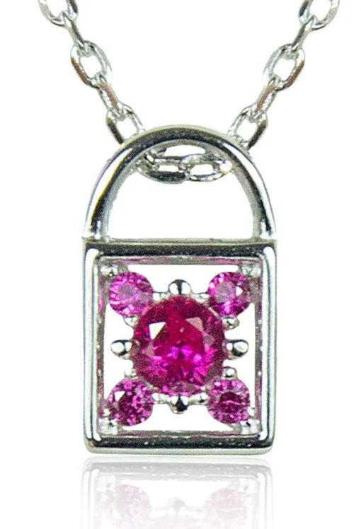 LUISIA® Filigrane Damen Halskette mit Strass Vorhängeschloss Pink - 925 Silber Schmuck mit Zirkonia