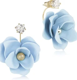 LUISIA® Front Back Ohrringe Jarla mit Blumen - 16 Karat vergoldet Hellblau