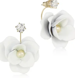 LUISIA® Front Back Ohrringe Jarla mit Blumen - 16 Karat vergoldet Weiß