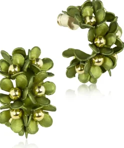 LUISIA® Halb Creolen Ohrstecker Mia mit Blüten - 16 Karat vergoldet Olivgrün