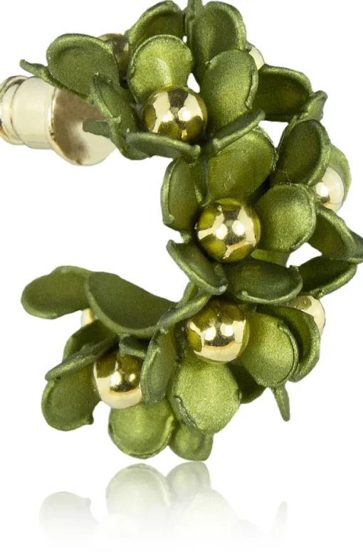 LUISIA® Halb Creolen Ohrstecker Mia mit Blüten - 16 Karat vergoldet Olivgrün