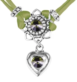 LUISIA® Halskette Chiara mit Herzblüte, Strassherz und Kristallen von Swarovski® - Olivgrün