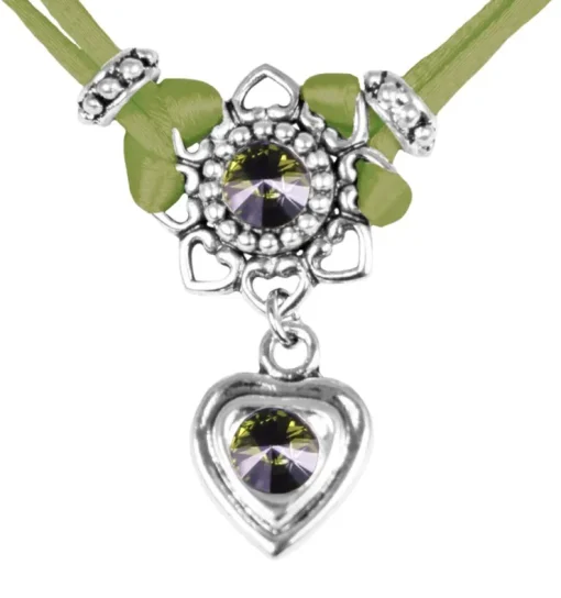 LUISIA® Halskette Chiara mit Herzblüte, Strassherz und Kristallen von Swarovski® - Olivgrün