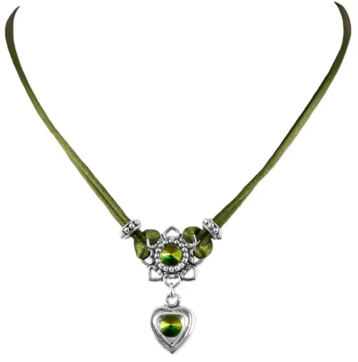 LUISIA® Halskette Chiara mit Herzblüte, Strassherz und Kristallen von Swarovski® - Olivgrün