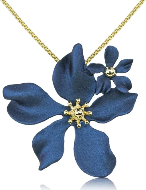 LUISIA® Halskette Nelia mit Blumen - 16 Karat vergoldet Dunkelblau