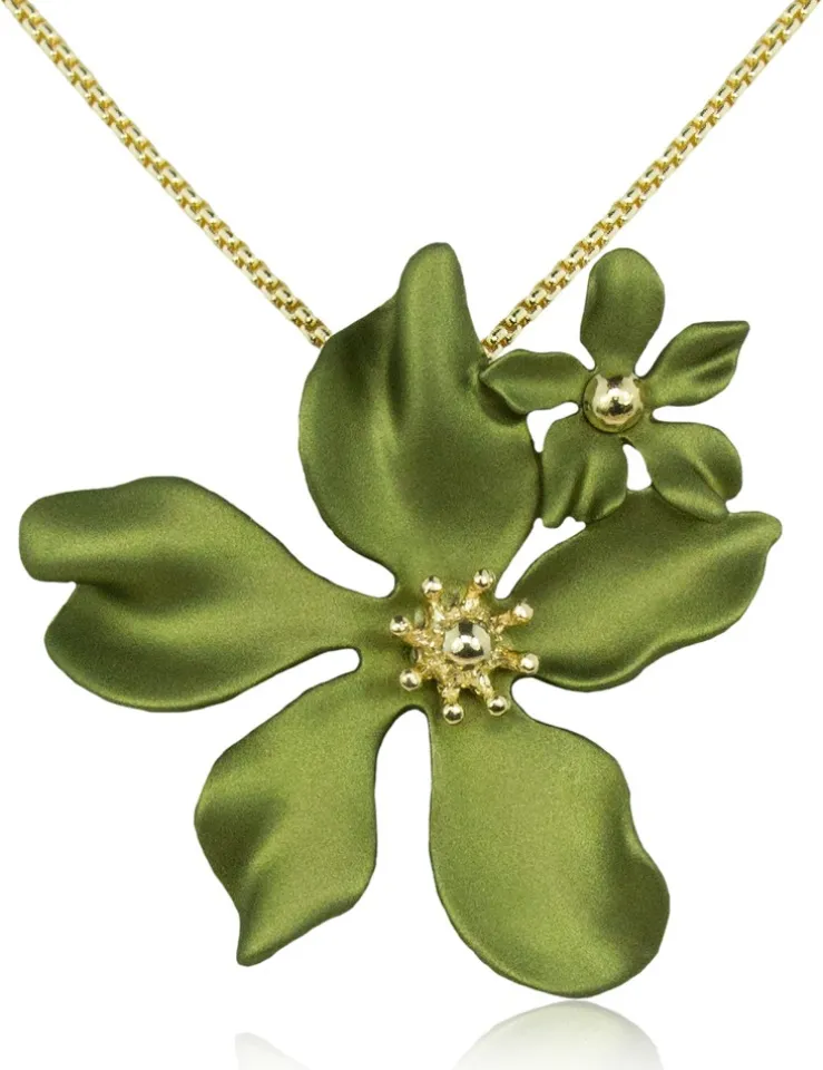 LUISIA® Halskette Nelia mit Blumen - 16 Karat vergoldet Olivgrün